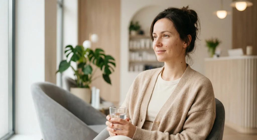 Zrelaksowana klientka z czystą twarzą bez makijażu, w wygodnym swetrze, pijąca wodę zamiast kawy w poczekalni salonu Zophia Beauty.