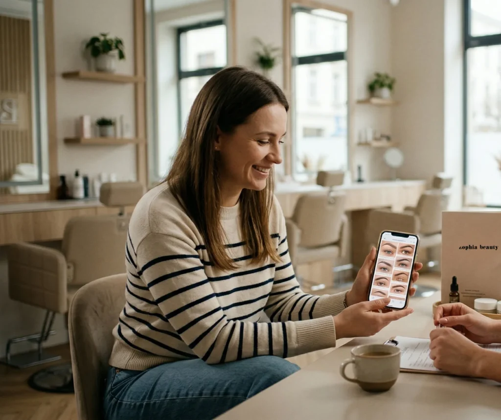 Klientka w wygodnym ubraniu pokazuje linergistce w salonie Zophia Beauty na poznańskich Jeżycach zdjęcia inspiracji brwi na swoim telefonie.