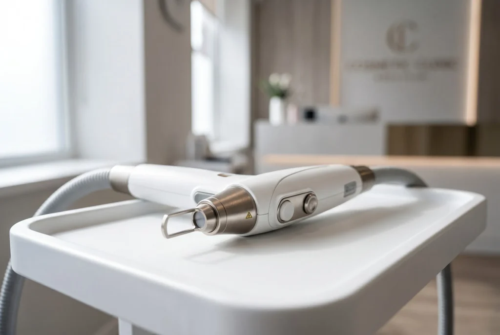 Głowica nowoczesnego lasera Q-Switch używanego do bezpiecznego usuwania makijażu permanentnego w salonie Zophia Beauty w Poznaniu na Jeżycach.