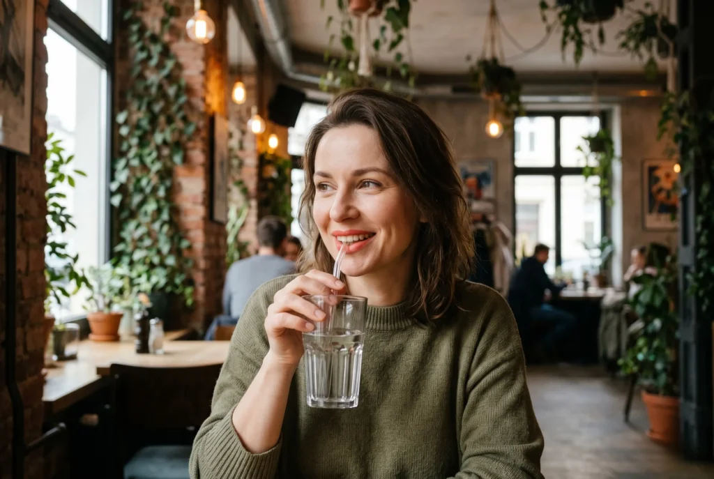 Kobieta z makijażem permanentnym ust Aquarelle Lips ciesząca się naturalnym wyglądem w kawiarni na poznańskich Jeżycach.