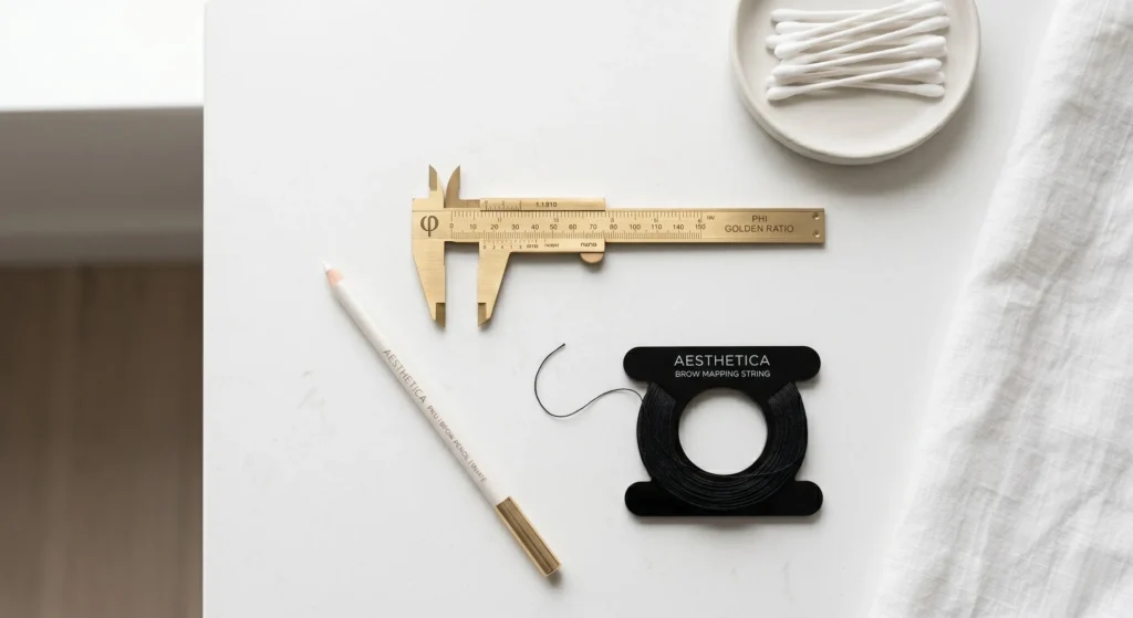 Narzędzia do geometrii i rysunku wstępnego przed zabiegiem makijażu permanentnego brwi w profesjonalnym salonie PMU Poznań Jeżyce.