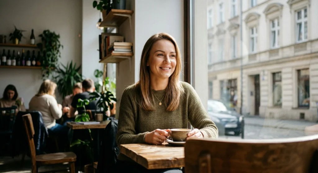 Zadowolona klientka salonu Zophia Beauty z naturalnymi brwiami pudrowymi, pijąca kawę w kawiarni na poznańskich Jeżycach.