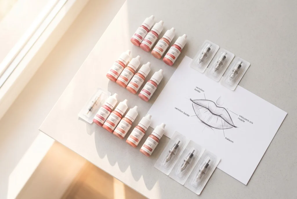 Sterylne narzędzia i bezpieczne pigmenty do makijażu permanentnego ust w gabinecie na poznańskich Jeżycach.