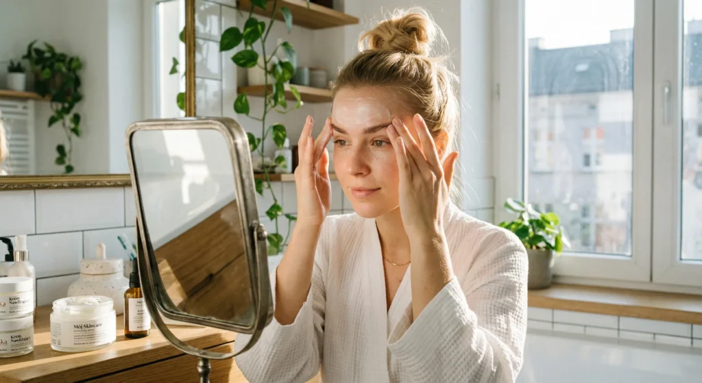 Kobieta w domu nakłada krem nawilżający na twarz, odpowiednio przygotowując skórę przed zabiegiem makijażu permanentnego brwi w Zophia Beauty.