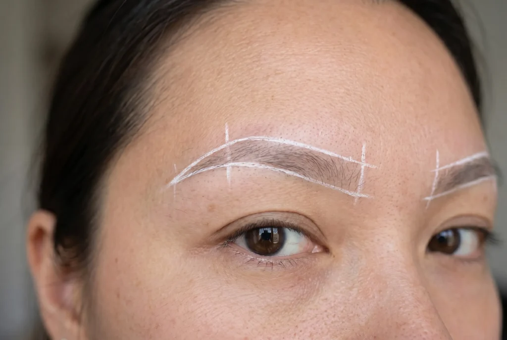 Rozjaśnione laserem stare brwi permanentne z naniesionym białym rysunkiem geometrycznym, przygotowującym do nowego zabiegu PMU w Zophia Beauty w Poznaniu.