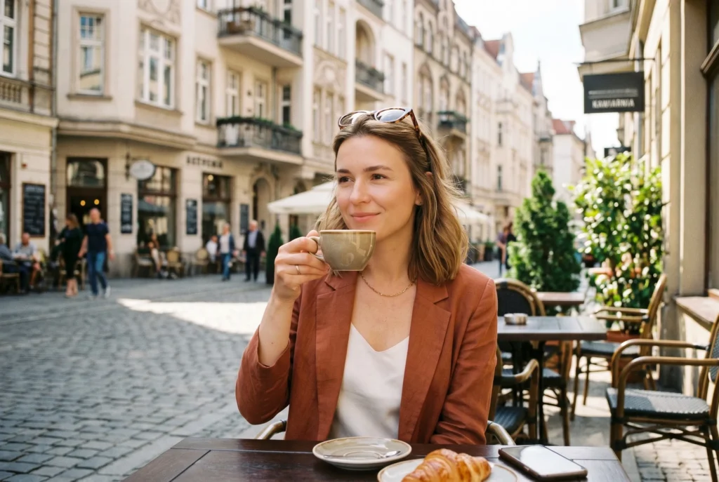 Pewna siebie, uśmiechnięta kobieta w kawiarni na Jeżycach, ciesząca się naturalnym wyglądem po udanym usunięciu nieudanego makijażu permanentnego brwi.