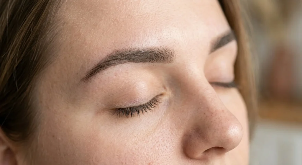Wygojone brwi ombre po zabiegu w Zophia Beauty Poznań Jeżyce. Widoczne miękkie cieniowanie bez rozlanego pigmentu, idealne dla każdego typu cery.